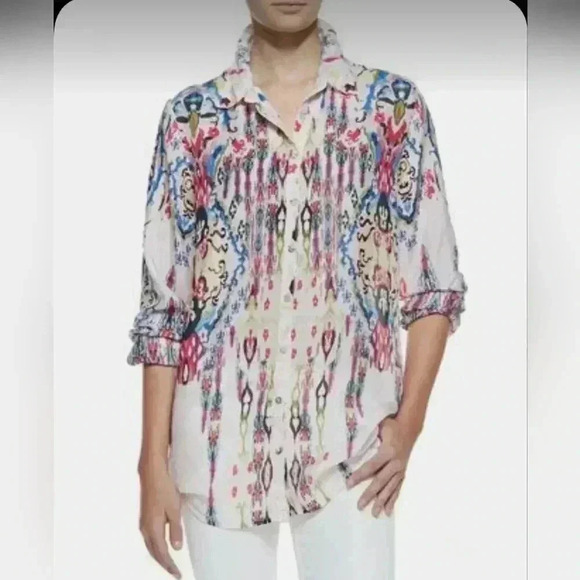 Johnny Was Tops - Johnny Was Boyfriend Printed Collared Button Down Silk Shirt Womens Small